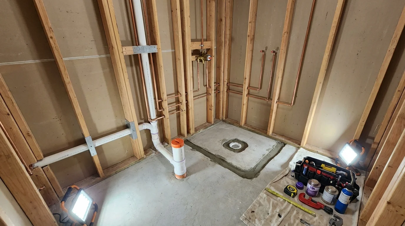 Bathroom rough-in plumbing during remodel by Johns Plumbing LLC in Mill City