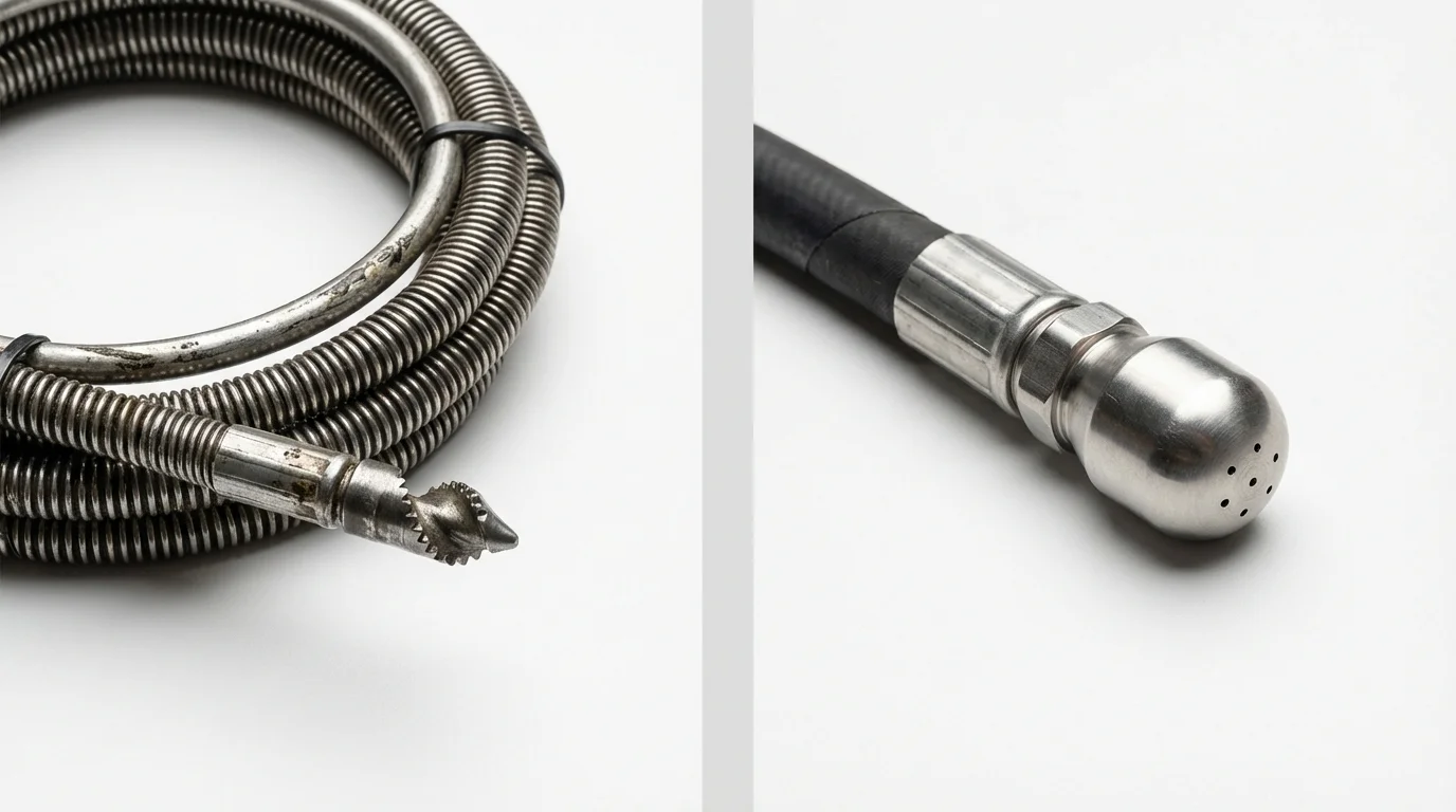 Drain snake cable and hydro jetting nozzle used for drain cleaning in Mill City, OR