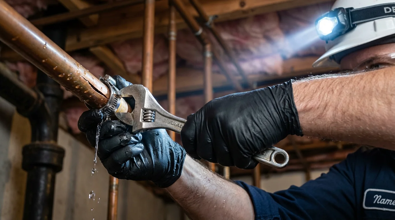 Emergency pipe clamp repair being performed by a Johns Plumbing LLC plumber in Mill City