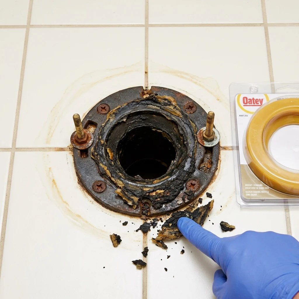 Failed wax ring showing water seepage at the base of a toilet in a Mill City, OR home