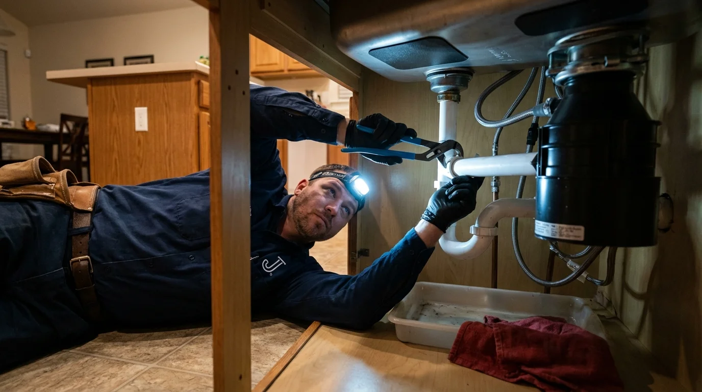 P-trap and supply line connections under a kitchen sink showing a common leak point in Mill City, OR
