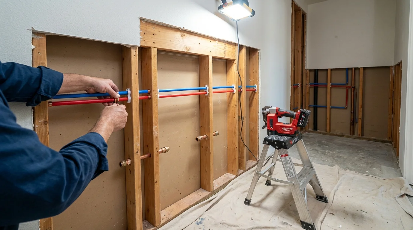 Old galvanized pipes being replaced with modern PEX piping during a whole-house repipe in Mill City, OR